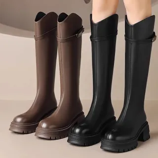 【Alberta】跟7cm筒高36cm筒圍36cm 厚底靴長筒靴高筒靴騎士靴粗跟v口長靴瘦瘦靴 2色