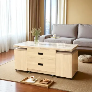 【IHouse】岩板+萬向輪 1桌4椅緩衝款升降茶几(台灣製木心板工作桌餐桌變形金剛多功能桌)