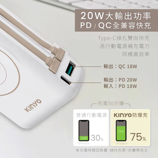 【KINYO】固態防爆無線充電行動電源 自帶AC apple watch充電(KPB-2656)