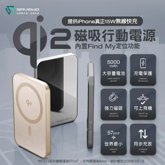 【SAVEWO】救世 MC511QF 5000mAh Qi2磁吸行動電源 Find My 版(無線 有線行動充 可上飛機 19.35Wh)