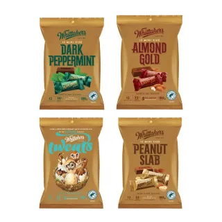 【紐西蘭惠特克】Whittakers 巧克力磚形分享包180g(跳跳糖牛奶/花生夾餡牛奶/杏仁夾餡牛奶/薄荷黑巧)