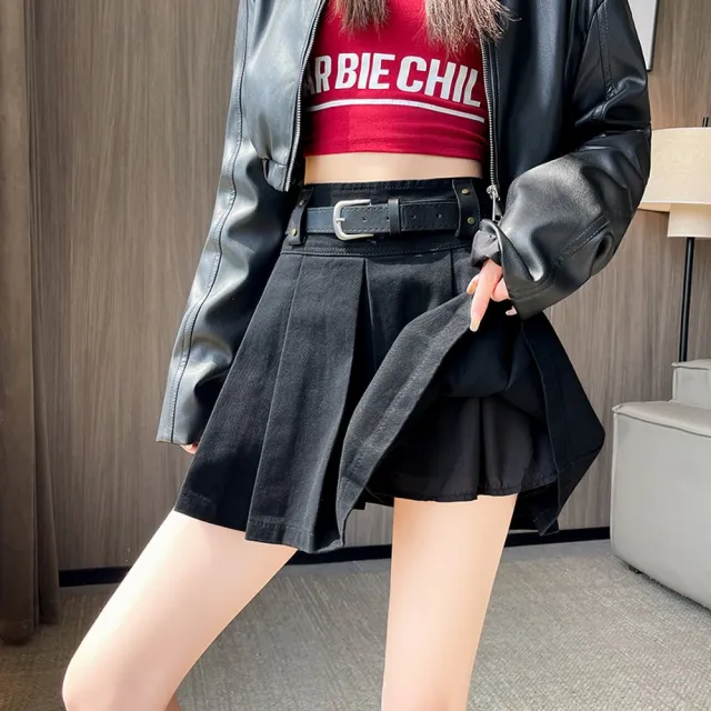 【MsMore】甜酷辣妹學院百褶裙小個子百搭A字休閒短裙#125612(黃  黑)