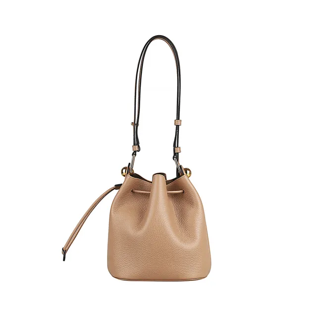 【FURLA 芙拉】FURLA SFERA 內皮革金字LOGO牛皮內襯麂皮斜背水桶包(沙漠棕/迷你)