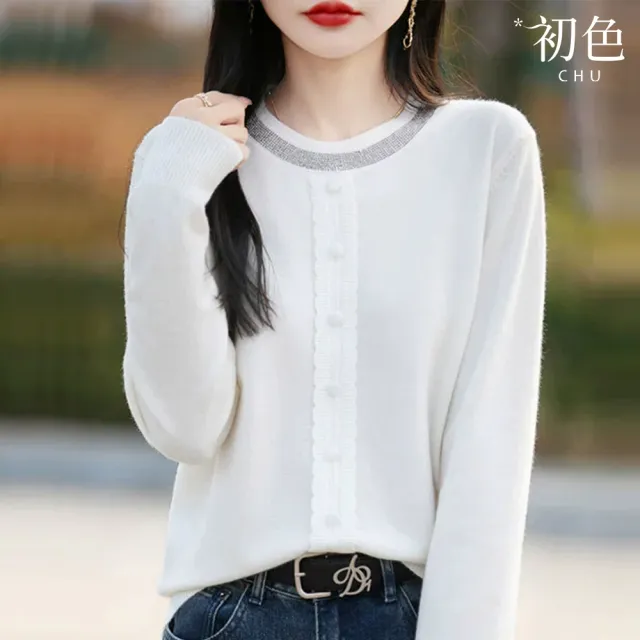 【初色】純色圓領燙鑽長袖針織毛衣內搭打底衫上衣女上衣-共7色-15919(M-3XL可選)