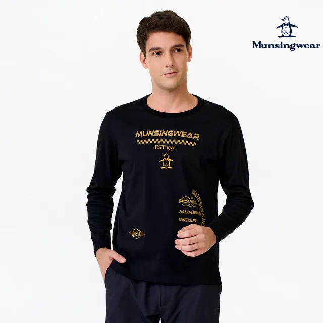 【Munsingwear】企鵝牌 男款黑色高級絲光棉設計圓領長袖T恤 MGWL2801
