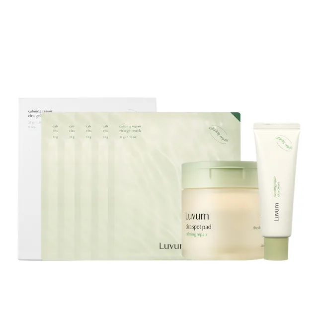 【Luvum】積雪草修護三件組 面膜5片+乳霜50ml+棉片60片 敏感肌修護 保濕 鎮靜 官方直營(面膜 乳霜 棉片)