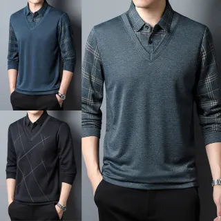 【NEW FORCE】格紋商務假兩件百搭長袖上衣(假兩件上衣/格紋襯衫/背心襯衫/長袖上衣/保暖上衣)