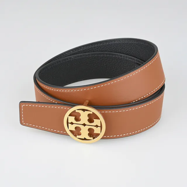 【TORY BURCH】TORY BURCH Miller雙T金字圓形LOGO小牛皮釦式雙面皮帶(女款/黑x焦糖棕)