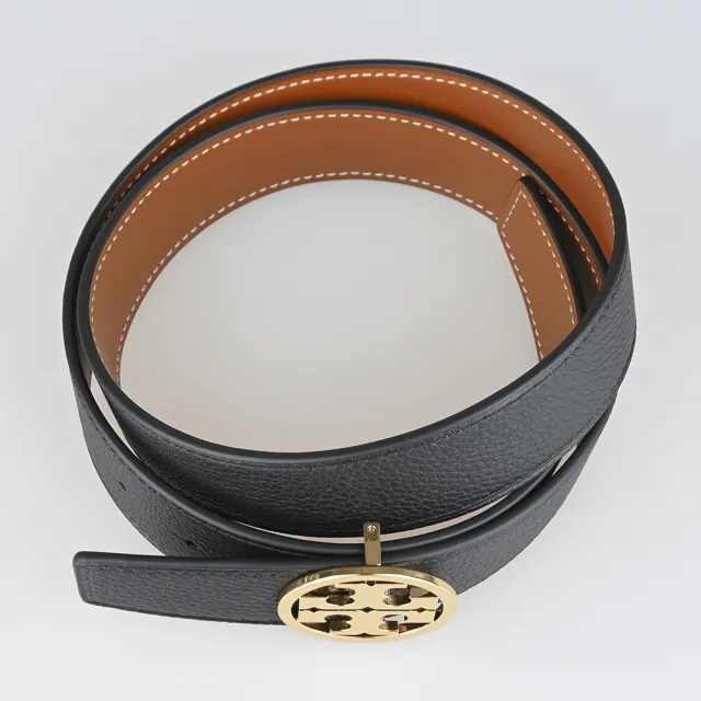 【TORY BURCH】TORY BURCH Miller雙T金字圓形LOGO小牛皮釦式雙面皮帶(女款/黑x焦糖棕)