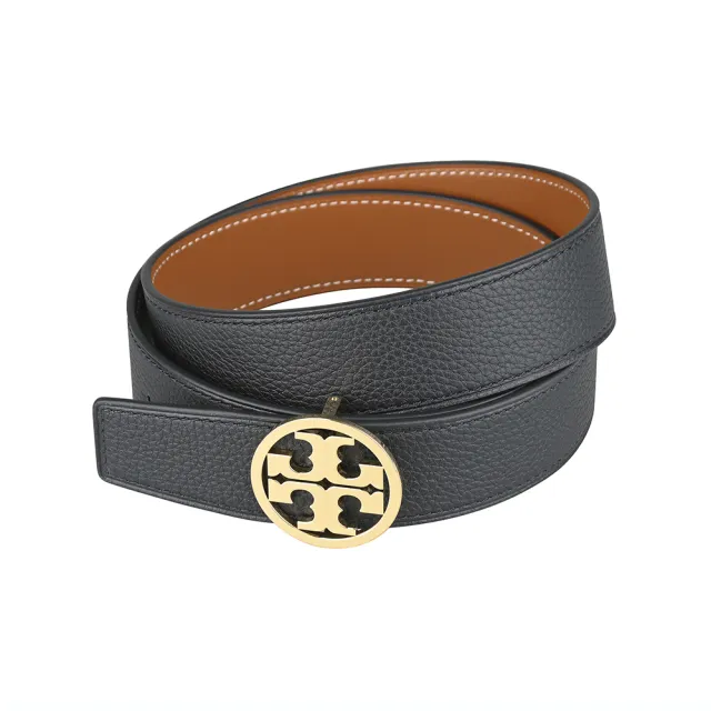 【TORY BURCH】TORY BURCH Miller雙T金字圓形LOGO小牛皮釦式雙面皮帶(女款/黑x焦糖棕)