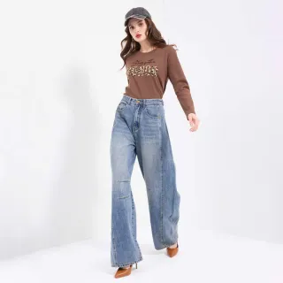 【HONOR 山形屋】拼接壓線高腰牛仔寬褲-藍