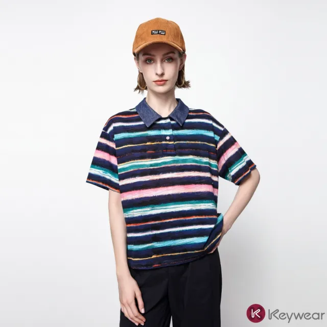 【KeyWear 奇威名品】純棉POLO條紋短袖上衣