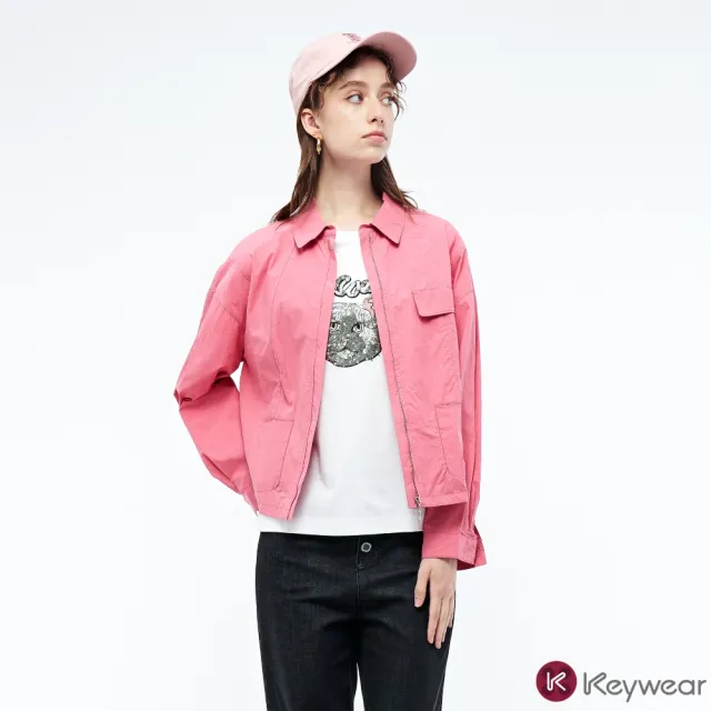 【KeyWear 奇威名品】純色撞條紋個性長袖夾克