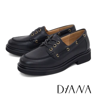 【DIANA】個性穿環綁帶真皮厚底樂福鞋(黑色)