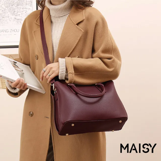 【MAISY】歐美時尚簡約托特單肩包 斜跨包 手提包(卡其/紅/黑)