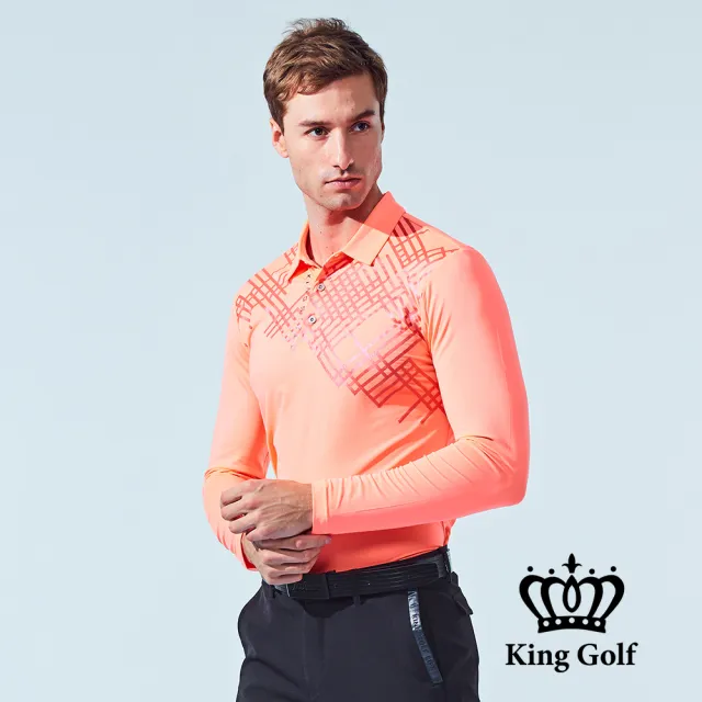 【KING GOLF】速達-網路獨家單特-男款線條拼接長袖POLO衫/高爾夫球衫(橘色)
