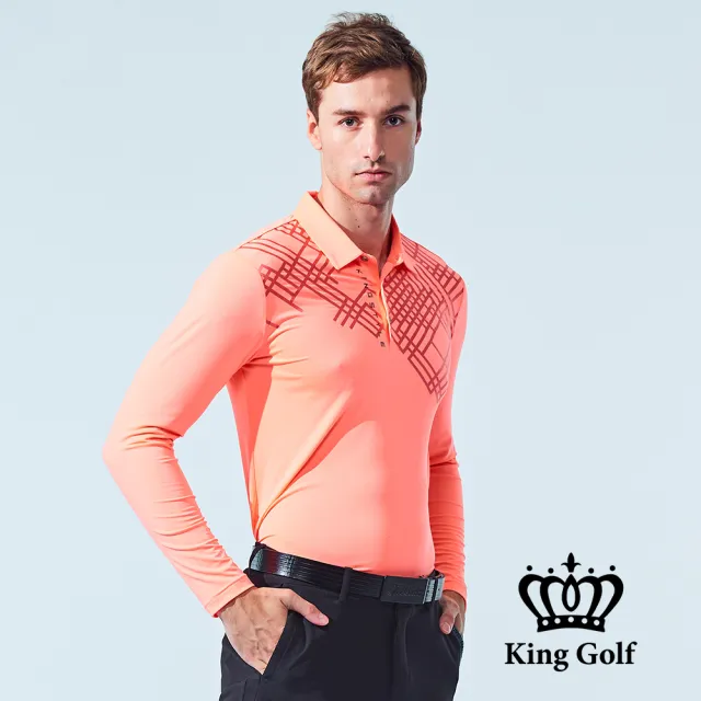 【KING GOLF】速達-網路獨家單特-男款線條拼接長袖POLO衫/高爾夫球衫(橘色)