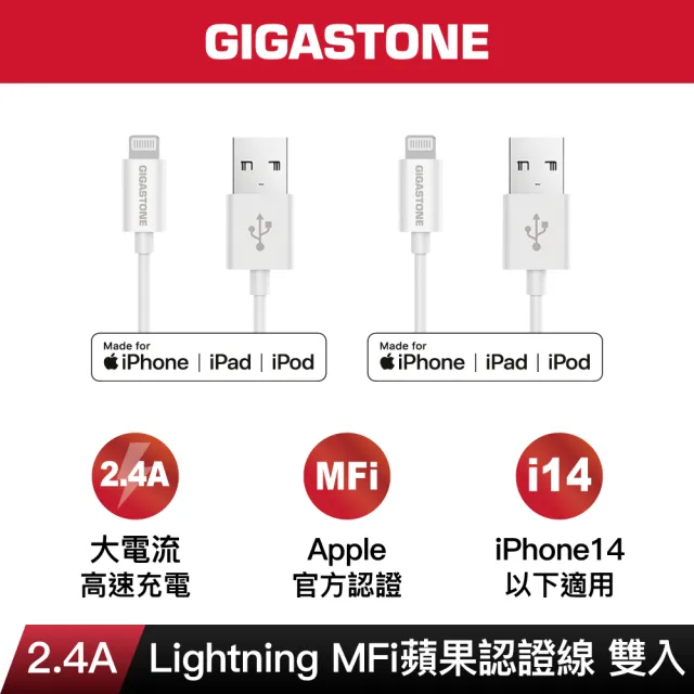 【Gigastone 立達國際】2入組 USB-A to Lightning 1M傳輸充電線(MFi認證支援iPhone 14/13/12/11/iPad充電)