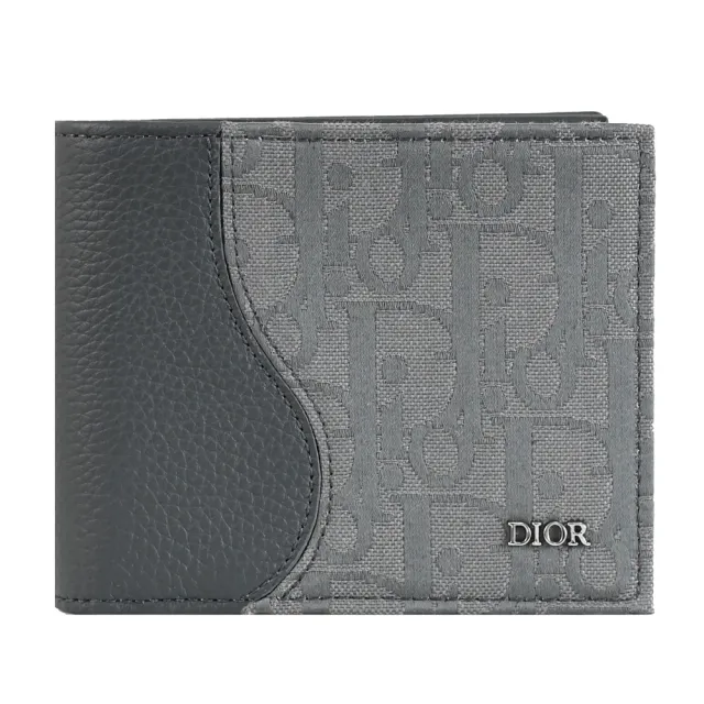 【Dior 迪奧】經典LOGO緹花牛皮拼接雙層8卡對折短夾(灰綠)