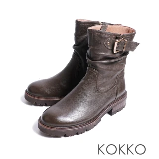 【KOKKO】個性仿舊質感真皮釦環短靴(墨綠色)