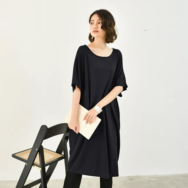 【AnZa】寬鬆莫代爾居家服睡衣連身裙(中大尺碼洋裝長版上衣)