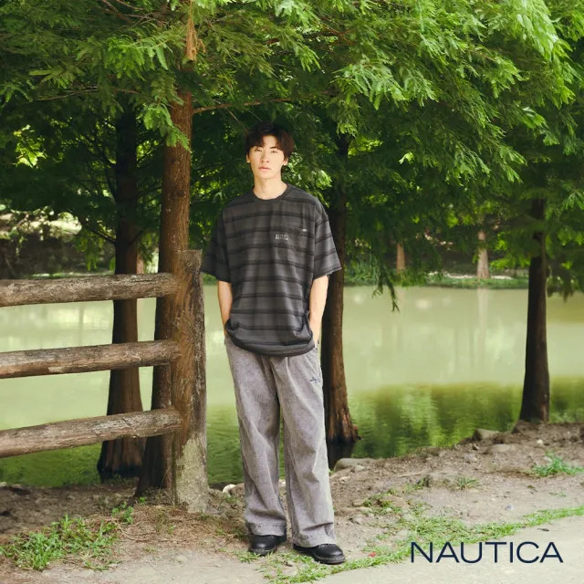 【NAUTICA】官方旗艦 City Boy系列 水洗條紋厚磅純棉短袖T恤(炭灰色)