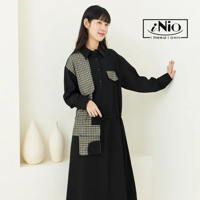 【iNio 衣著美學】長袖連身裙 拼接格紋 口袋 黑色襯衫長洋裝(CCW3508)