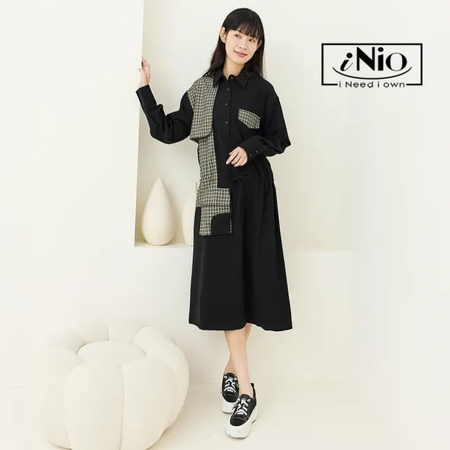 【iNio 衣著美學】長袖連身裙 拼接格紋 口袋 黑色襯衫長洋裝(CCW3508)