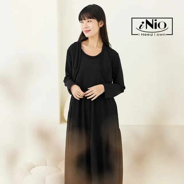 【iNio 衣著美學】長袖洋裝 假兩件拼接 外套風 長袖連身裙 百搭休閒洋裝(CCW3512)