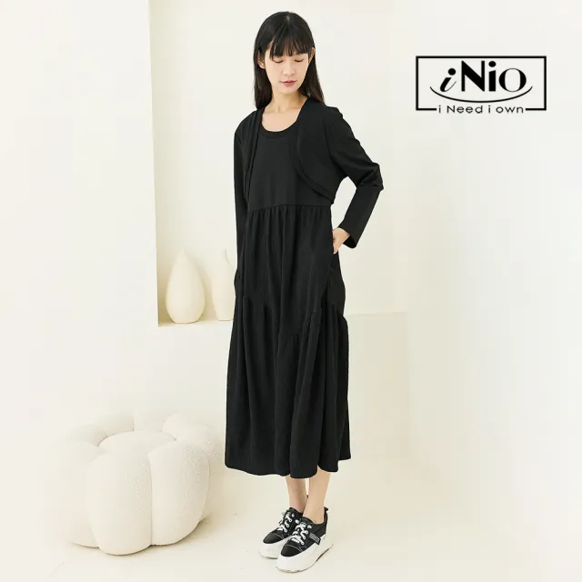 【iNio 衣著美學】長袖洋裝 假兩件拼接 外套風 長袖連身裙 百搭休閒洋裝(CCW3512)