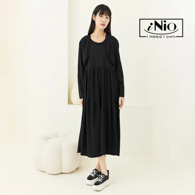 【iNio 衣著美學】長袖洋裝 假兩件拼接 外套風 長袖連身裙 百搭休閒洋裝(CCW3512)
