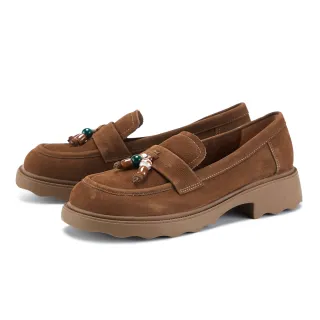 【MAGY】牛磨砂民族風珠飾厚底樂福鞋(棕色)