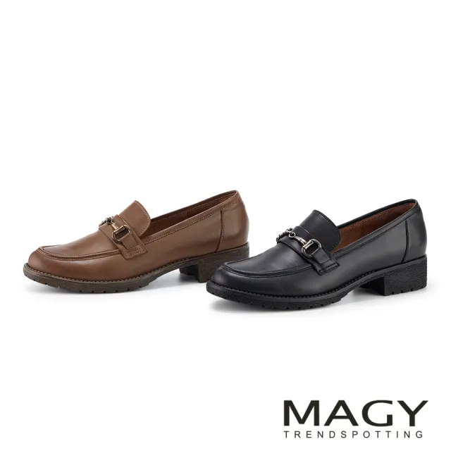 【MAGY】金屬馬銜釦打蠟牛皮低跟樂福鞋(咖啡)