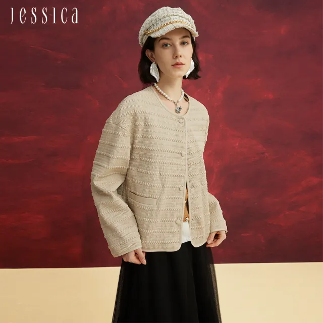 【JESSICA】寬鬆帥氣人造皮立體紋理圓領皮衣外套J54001（米）
