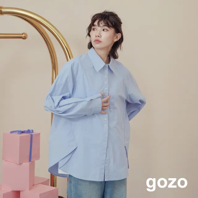 【gozo】配色釦造型打褶下擺長袖襯衫(三色)