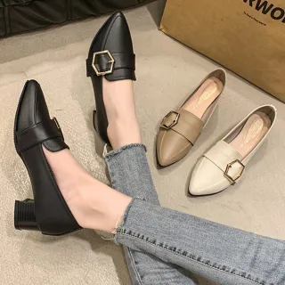 【baibeauty 白鳥麗子】MIT知性皮革一字帶金屬釦低跟包鞋(尖頭鞋)