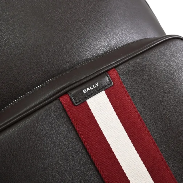 【BALLY】CODE BACK 經典紅白織帶小牛皮大商務包後背包(深咖)