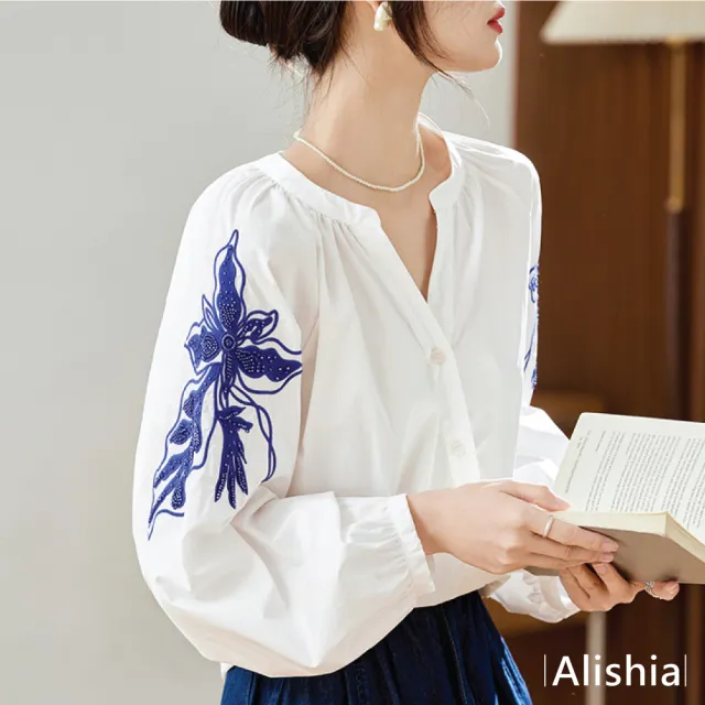 【Alishia】時尚典雅純棉繡花燈籠袖寬鬆上衣 M-XL(白色)