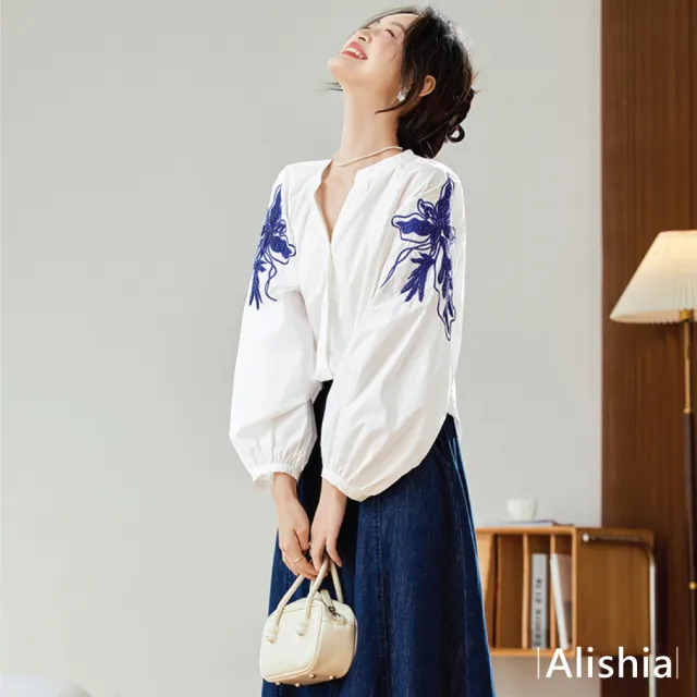 【Alishia】時尚典雅純棉繡花燈籠袖寬鬆上衣 M-XL(白色)