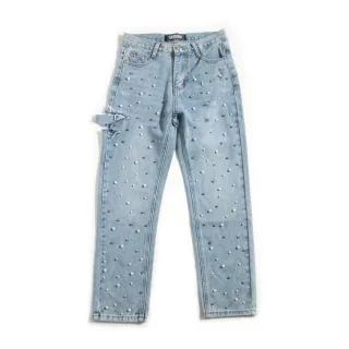 【IZZVATI】滿版珍珠破壞牛仔褲-藍(街頭時尚女款牛仔褲)