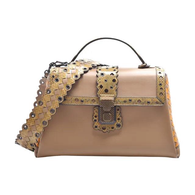 【BOTTEGA VENETA 寶緹嘉】經典Piazza系列編織牛皮蜥蜴皮暗釦手提/斜背包(B07759747G-BRO)