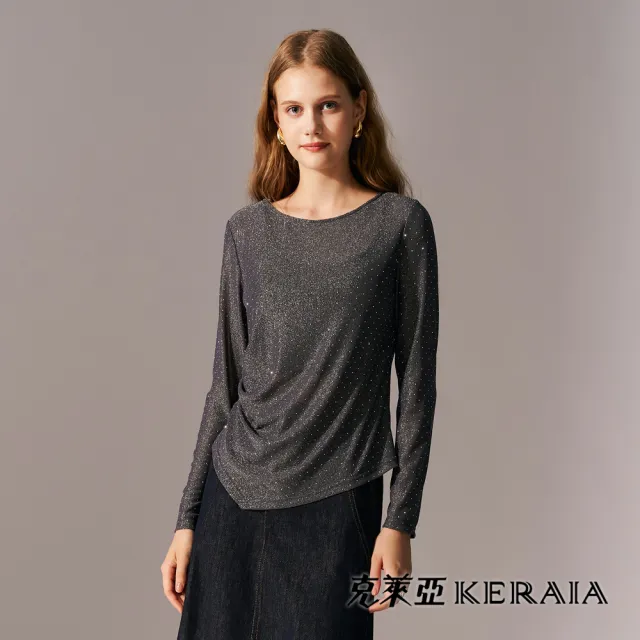 【KERAIA 克萊亞】魅力價-星塵軌跡燙鑽網紗抽皺上衣(兩色；M-XXL)
