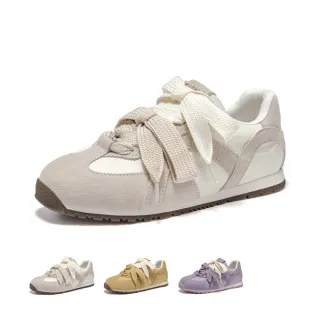 【J&H collection】復古可愛厚底雙色綁帶休閒鞋阿甘鞋 德訓鞋(米白/黃/紫)