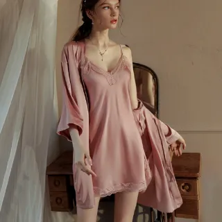 【RoseMi 瑰覓】蕾絲邊V領緞面絲綢胸墊睡裙外袍(單件成套性感情趣睡衣長袖睡袍)