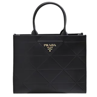 【PRADA 普拉達】Symbole 經典浮雕三角LOGO菱格紋小牛皮大托特包(黑)