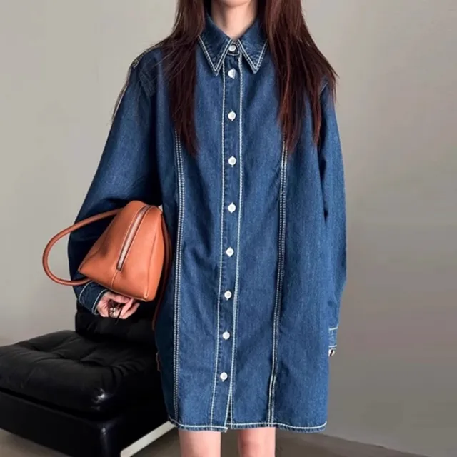 【baibeauty 白鳥麗子】街頭丹寧撞色縫線排釦翻領長袖洋裝(長袖洋裝)