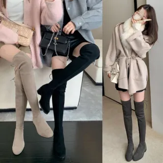 【baibeauty 白鳥麗子】氣質顯瘦素色絨面綁帶過膝長靴(兩種跟高膝上靴)