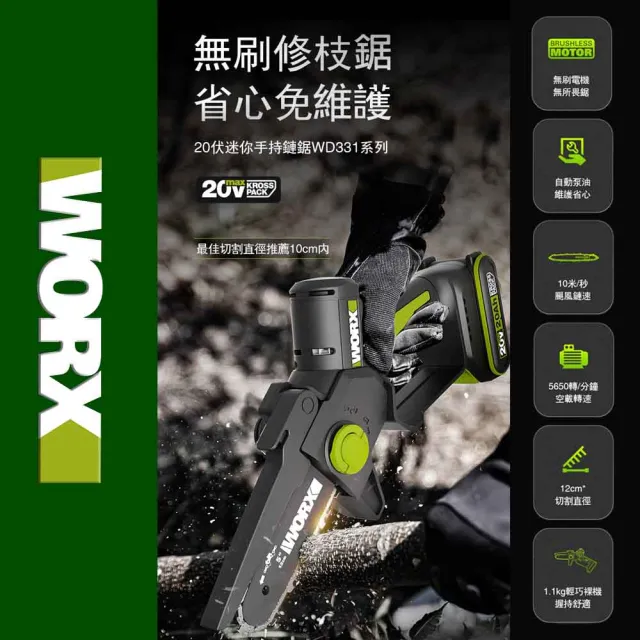 【WORX 威克士】20V 12cm 迷你小型電鋸 WD331.4(鋸子 便攜 鋸木 鍊鋸機 電動鋸子 無刷鋰電迷你小型電鋸)