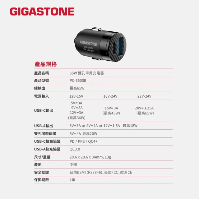 【Gigastone 立達國際】65W Type-C & USB-A雙孔車用充電器PC-6500B(車充適用iPhone17&三星手機)