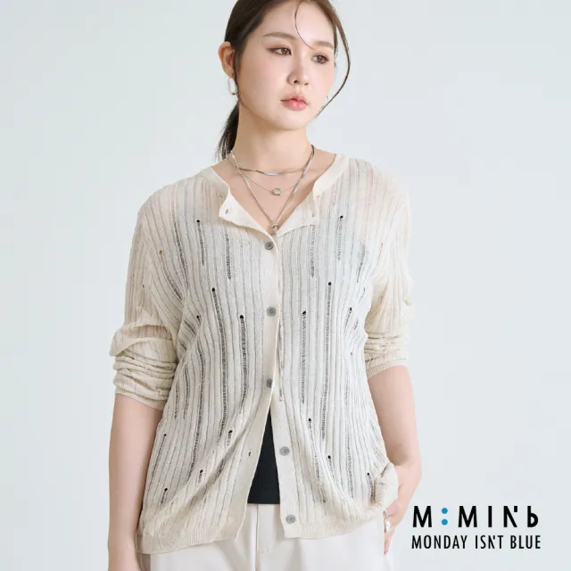 【M：MINb】鏤空透膚開襟針織外套(淺卡其/中大尺碼女裝/針織/針織外套/大尺碼女裝/外套)